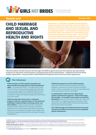 Cover image of the SRHR brief, with a photo of two hands connected in the middle.