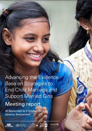 Front cover of the "Advancing the evidence base on strategies to end child marriage and support girls" meeting report, with an adolescent girl smiling and clapping