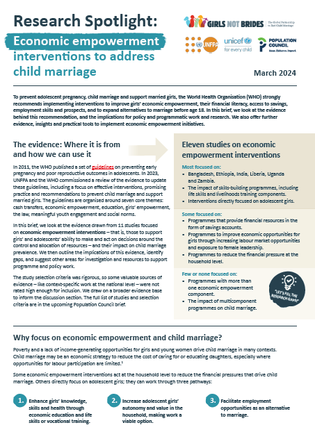 Cover of the Research Spotlight on economic empowerment, including three points on why to focus on economic empowerment and child marriage.